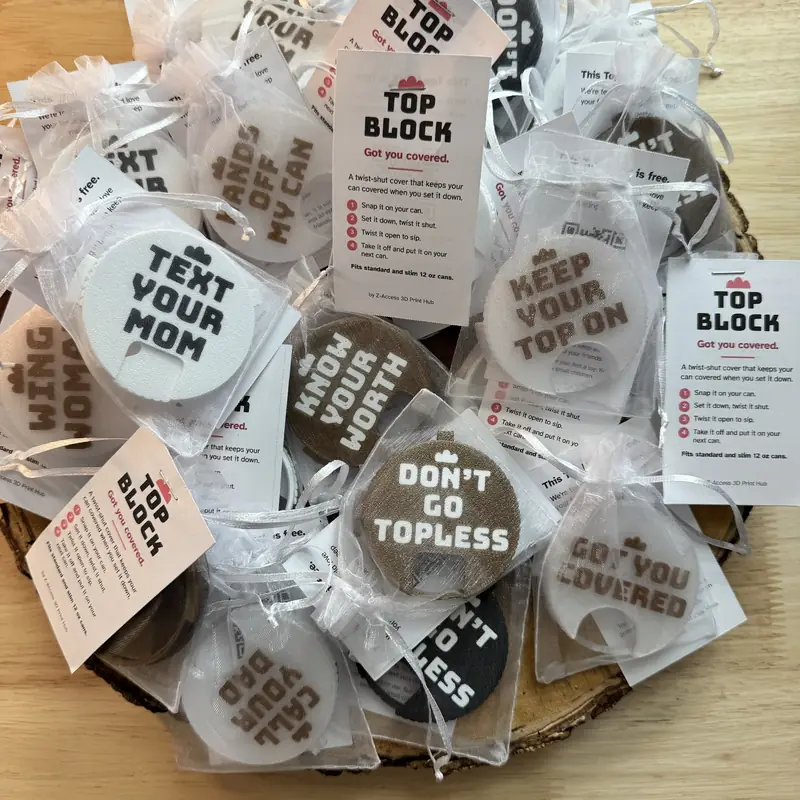 Top Blocks in small bags with their printed cards, ready to hand out