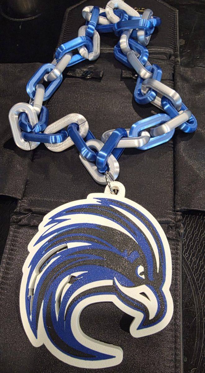 A full 3D-printed hype chain in blue and silver, with chunky links and a large mascot pendant